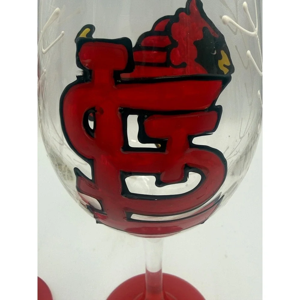 St. Louis Cardinals‎ Wine Glasses Set of 2 Hand Painted MLB Baseball Red Stem